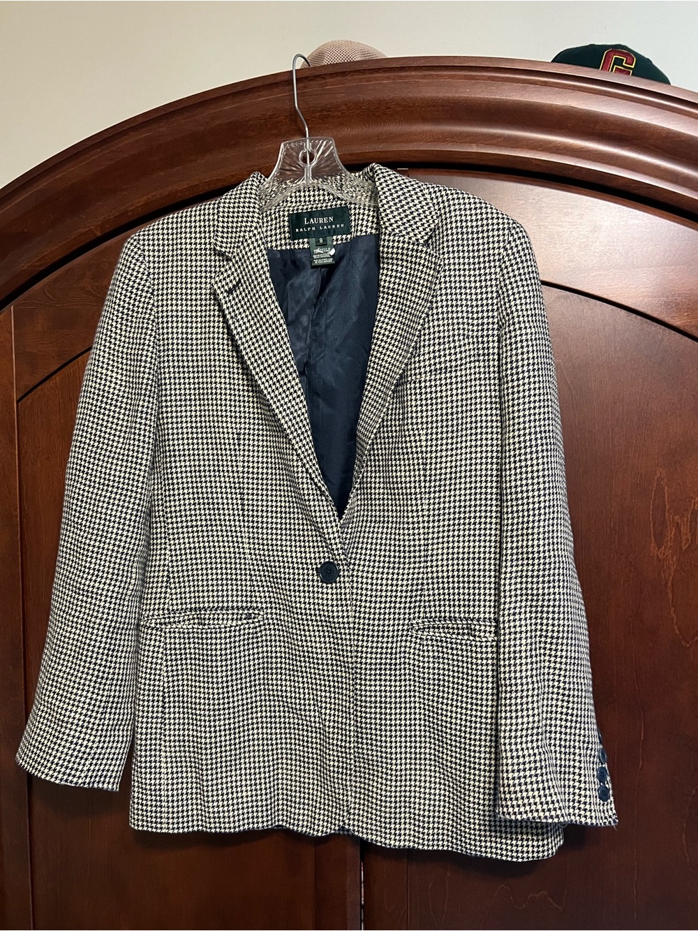 Ralph Lauren Navy and Cream Houndstooth Single-Button Blazer